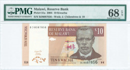 MALAWI: 10 Kwacha (2004) in black and purple on multicolor unpt with John Chilembwe at right. S/N: "BJ 8087856". WMK: Chilembwe & value "10". Inside h...