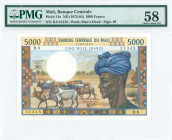 MALI: 5000 Francs (ND 1972-84) in multicolor with Fulani herdsman with turban at right and cattle at center left. S/N: "B.8 31345". WMK: Man head. Sig...