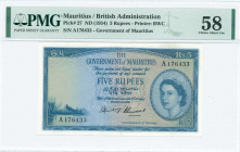 MAURITIUS: 5 Rupees (ND 1954) in blue on multicolor unpt with portrait of Queen Elizabeth II at right. S/N: "A 176433". WMK: Stylized sailing ship. Pr...