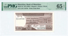 MAURITIUS: 5 Rupees (ND 1985) in dark brown with Arms at lower left and Government House building at right. S/N: "A/10 119736". WMK: Dodo bird. Printe...