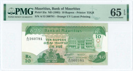 MAURITIUS: 10 Rupees (ND 1985) in green on multicolor unpt with Arms at lower center left and Government House building at right. S/N: "A/13 260781". ...