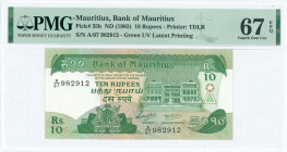 MAURITIUS: 10 Rupees (ND 1985) in green on multicolor unpt with Arms at lower center left and Government House building at right. S/N: "A/67 982912". ...