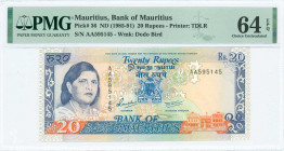 MAURITIUS: 20 Rupees (ND 1985-91) in bluish purple, blue and orange on multicolor unpt with Arms at center and First Lady Jugnauth at left. S/N: "AA 5...