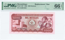MOZAMBIQUE: Replacement of 1000 Meticais (16.6.1980) in deep red on multicolor unpt with President Samora Moises Machel with four children at right an...