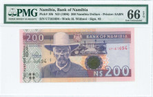 NAMIBIA: 200 Namibia Dollars (ND 2001) in purple and violet on multicolor unpt with Captain Hendrik Witbooi at center left and Arms at upper center. S...