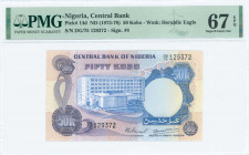 NIGERIA: 50 Kobo (ND 1973-78) in blue and purple on multicolor unpt with Central Bank of Nigeria building at center. S/N: "DG/75 129372". WMK: Heraldi...
