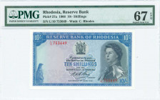 RHODESIA: 10 Shillings (1.6.1966) in blue on multicolor unpt with black portrait of Queen Elizabeth II at right and Arms at upper center. Red S/N: "L/...