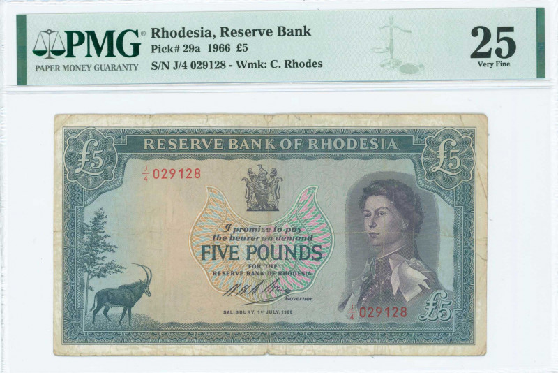 RHODESIA: 5 Pounds (1.7.1966) in blue-green on multicolor unpt with purple portr...