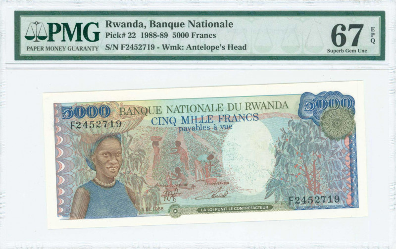 RWANDA: 5000 Francs (1.1.1988) in green, blue and multicolor with female with ba...