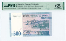 RWANDA: 500 Francs (1.12.1994) in blue-black and dark green on pink and blue unpt with mountainous landscape at center right. S/N: "AA 1575303". WMK: ...