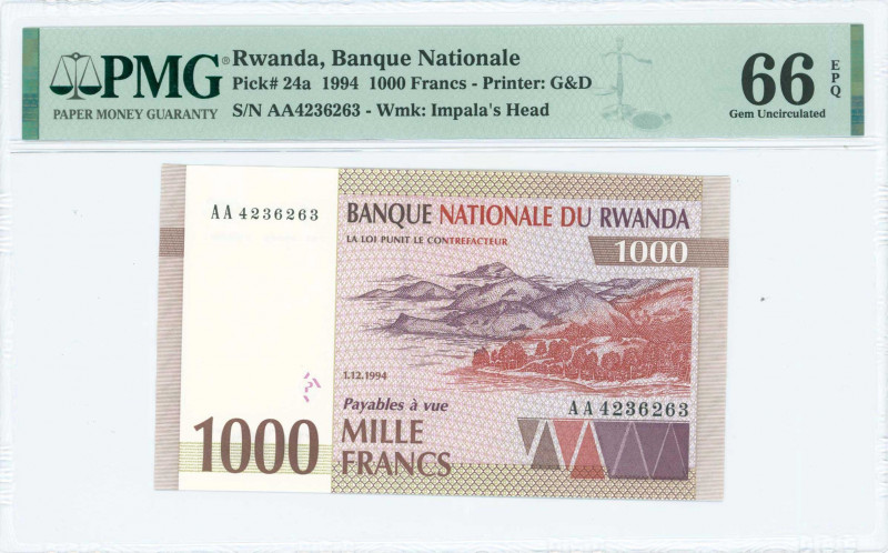 RWANDA: 1000 Francs (1.12.1994) in purple, red-brown and dark brown on multicolo...