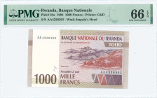 RWANDA: 1000 Francs (1.12.1994) in purple, red-brown and dark brown on multicolor unpt with mountainous landscape at center right. S/N: "AA 4236263". ...