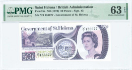 SAINT HELENA: 50 Pence (ND 1979) in purple on pink and pale yellow-green unpt with Queen Elizabeth II at right. S/N: "V/1 156677". Inside holder by PM...