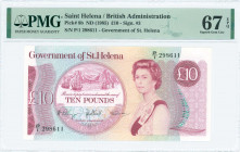 SAINT HELENA: 10 Pounds (ND 1985) in pale red on multicolor unpt with views of the island at left and Queen Elizabeth II at right. S/N: "P/1 298611". ...