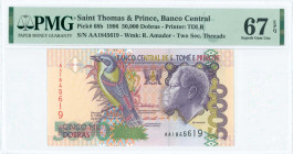 SAINT THOMAS & PRINCE: 50000 Dobras (22.10.1996) in multicolor with Rei Amador at right. S/N: "AA 1845619". Two security threads. WMK: Rei Amador. Pri...
