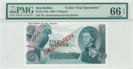 SEYCHELLES: Color trial specimen of 5 Rupees (ND 1968) in blue-green on multicolor unpt with Queen Elizabeth II at right. Red diagonal ovpt "SPECIMEN"...