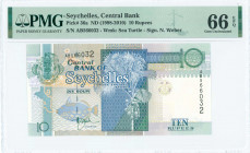 SEYCHELLES: 10 Rupees (ND 1998) in deep blue, dark green and green on multicolor unpt with Coco-de-Mer palm at center. S/N: "AB 566032". WMK: Sea turt...