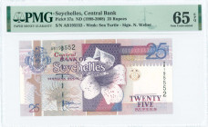 SEYCHELLES: 25 Rupees (ND 1998) in purple, violet and blue-violet on multicolor unpt with Wrights gardenia at center. S/N: "AB 195552". WMK: Sea turtl...