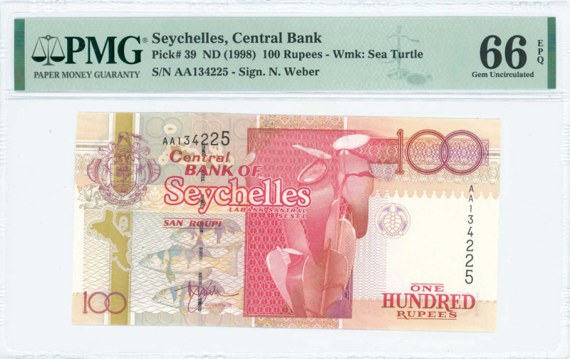 SEYCHELLES: 100 Rupees (ND 1998) in red, brown-orange and violet on multicolor u...