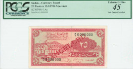 SUDAN: Specimen of 25 Piastres (15.9.1956) in red on pale green and pale orange unpt with soldiers in formation at left. S/N: "A/1 0000000". Red diago...