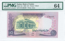 SUDAN: 10 Pounds (2.1.1980) in purple and green on multicolor unpt with Bank of Sudan at left. S/N: "E/97 002397". Printed by (T)DLR. WMK: Arms. Insid...
