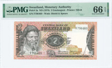 SWAZILAND: 2 Emalangeni (ND 1974) in dark brown on multicolor unpt with King Sobhuza II at left. S/N: "F 796469". WMK: Shield and spears. Printed by T...
