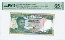 SWAZILAND: 5 Emalangeni (ND 1995) in dark green, dark brown and light green on multicolor unpt with King Mswati III at left. S/N: "AA 772045". WMK: Sh...