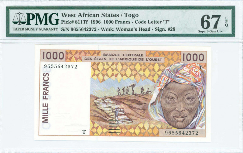 WEST AFRICAN STATES / TOGO: 1000 Francs (1996) in dark brown-violet on tan, yell...