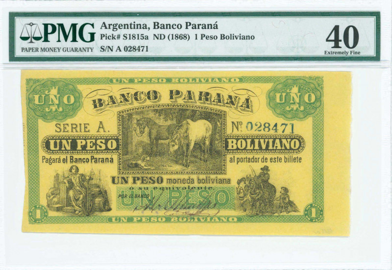 ARGENTINA: 1 Peso Boliviano (ND 1868) by Banco Parana in black and green with se...