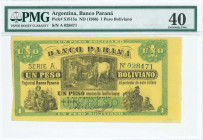 ARGENTINA: 1 Peso Boliviano (ND 1868) by Banco Parana in black and green with seated woman with anchor at loading dock at lower left, two horses at ce...