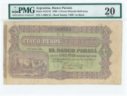 ARGENTINA: 5 Pesos Moneda Boliviana (1.4.1868 / handstamped 1869 in oval) by Banco Parana in purple on green unpt with bull at lower left. S/N: "A 008...