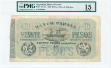 ARGENTINA: 20 Pesos Moneda Boliviana (1.4.1868) by Banco Parana in black on blue-gray unpt with cherubs at lower left and right and paddlewheel steame...