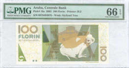 ARUBA: 100 Florin (1.12.2003) in multicolor with frog. S/N: "0878493078". WMK: Divi-divi tree. Printed by JEZ. Inside holder by PMG "Gem Uncirculated ...