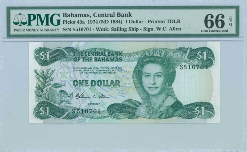 BAHAMAS: 1 Dollar (Law 1974 / ND 1984) in deep green on multicolor unpt with mat...