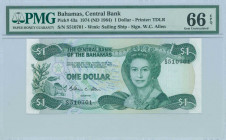BAHAMAS: 1 Dollar (Law 1974 / ND 1984) in deep green on multicolor unpt with mature portrait of Queen Elizabeth II at center right. S/N: "S 510701". W...