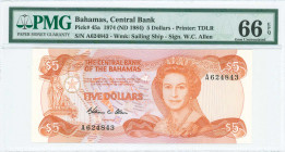BAHAMAS: 5 Dollars (Law 1974 / ND 1984) in orange on multicolor unpt with mature portrait of Queen Elizabeth II at center right. S/N: "A 624843". WMK:...