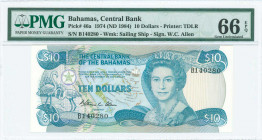 BAHAMAS: 10 Dollars (Law 1974 / ND 1984) in pale blue on multicolor unpt with mature portrait of Queen Elizabeth II at center right. S/N: "B 140280". ...