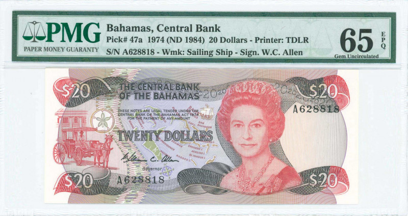 BAHAMAS: 20 Dollars (Law 1974 / ND 1984) in red and black on multicolor unpt wit...