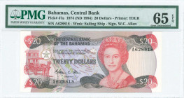 BAHAMAS: 20 Dollars (Law 1974 / ND 1984) in red and black on multicolor unpt with mature portrait of Queen Elizabeth II at center right. S/N: "A 62881...