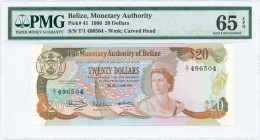 BELIZE: 20 Dollars (1.6.1980) in brown on multicolor unpt with Queen Elizabeth II at center and underwater scene with reef and fish in center backgrou...