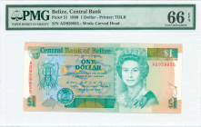 BELIZE: 1 Dollar (1.5.1990) in green on multicolor unpt with Queen Elizabeth II at right and lobster at left. S/N: "AD 959855". WMK: Carved head of th...
