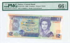 BELIZE: 2 Dollars (1.5.1990) in purple on multicolor unpt with Queen Elizabeth II at right and carved stone pillar at left. S/N: "AA 486311". WMK: Car...