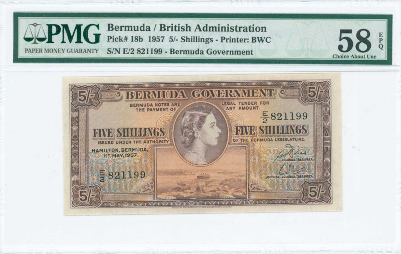 BERMUDA: 5 Shillings (1.5.1957) in brown on multicolor unpt with portrait of Que...