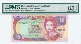 BERMUDA: 5 Dollars (20.2.1996) in red-violet and purple on multicolor unpt with mature bust of Queen Elizabeth II at right. S/N: "B/2 600986". WMK: Tu...