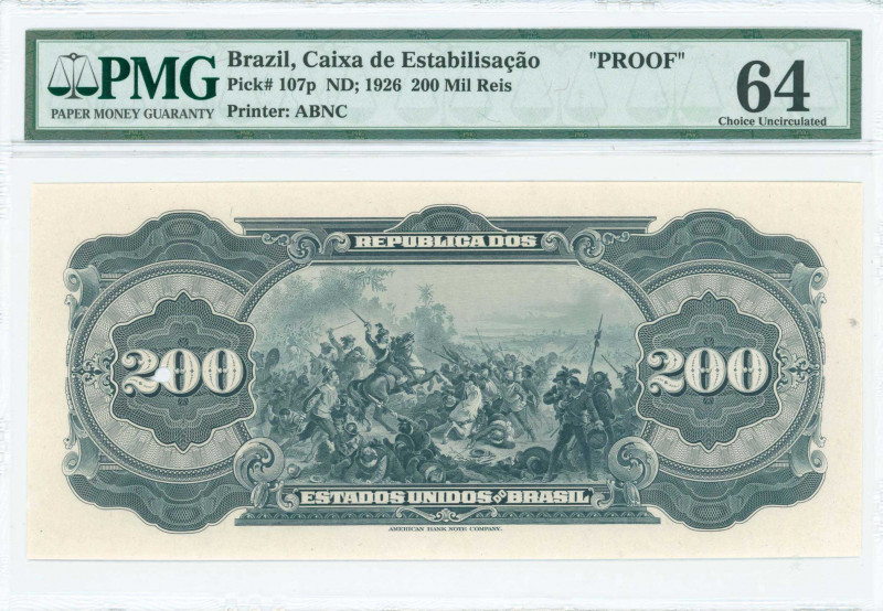 BRAZIL: Proof of back of 200 Mil Reis (18.12.1926) in black with cavalry and inf...