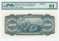 BRAZIL: Proof of back of 200 Mil Reis (18.12.1926) in black with cavalry and infantry battle scene at center. Hole punched at left value. Printed by A...