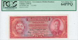 BRITISH HONDURAS: 5 Dollars (1.2.1952) in red on multicolor unpt with portrait of King George VI at right. S/N: "C/3 018365". Printed by (BWC). Inside...