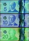 CANADA: 5 Dollars (2013), 10 Dollars (2013) & 20 Dollars (2012) in polymer plastic. (Pick 106b + 107a + 108a). Uncirculated.
