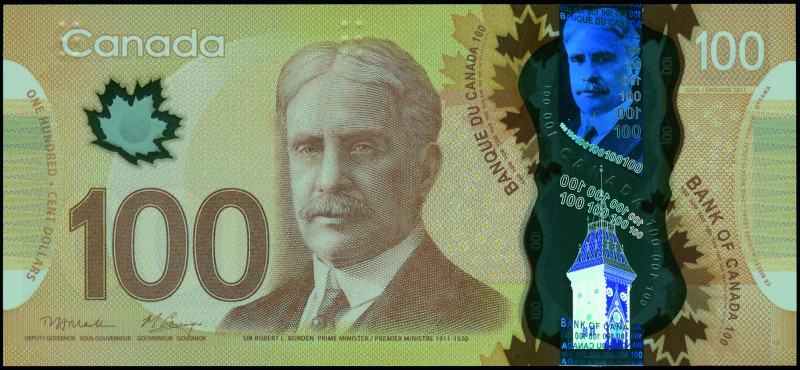 CANADA: 100 Dollars (2011) in brown with Sir Robert Borden at center. S/N: "FKF ...