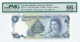 CAYMAN ISLANDS: 1 Dollar (Law 1974 / ND 1985) in blue on multicolor unpt with Queen Elizabeth II at right. S/N: "A/4 623719". WMK: Turtle. Signature b...